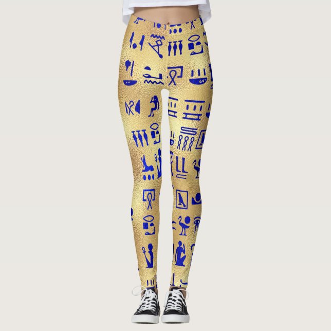 Blue Ancient Egyptian Hieroglyphics on Gold Leggings (Front)