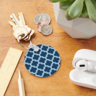 Blue and Baby Blue Trellis, Lattice, Quatrefoil Key Ring