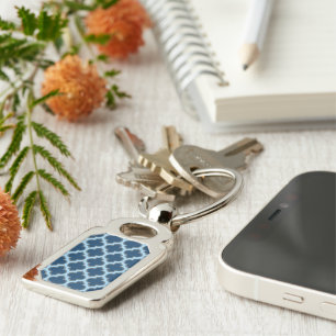 Blue and Baby Blue Trellis, Lattice, Quatrefoil Key Ring