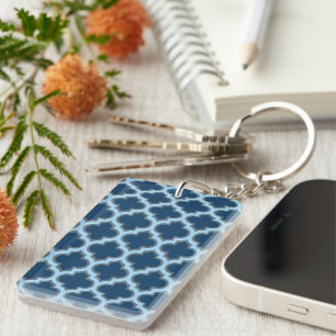 Blue and Baby Blue Trellis, Lattice, Quatrefoil Key Ring