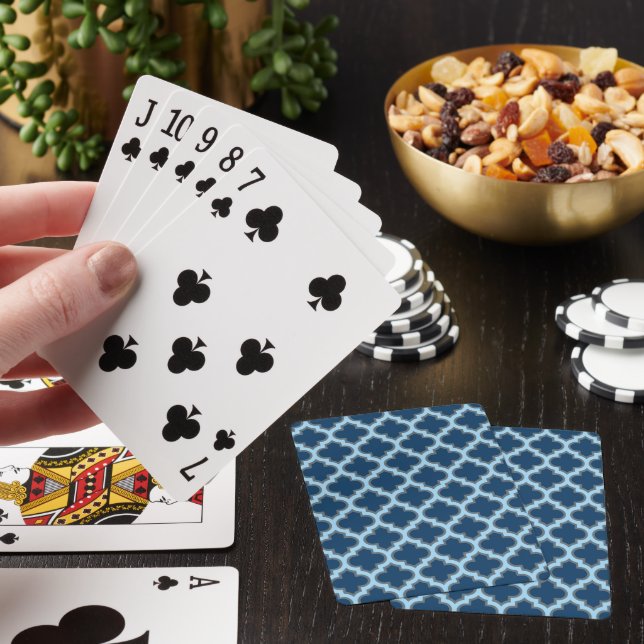 Blue and Baby Blue Trellis, Lattice, Quatrefoil Playing Cards (In Situ)