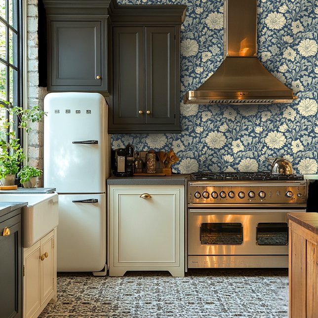 Blue and Beige Botanical Design Peel-and-Stick Wallpaper (Creator Uploaded)