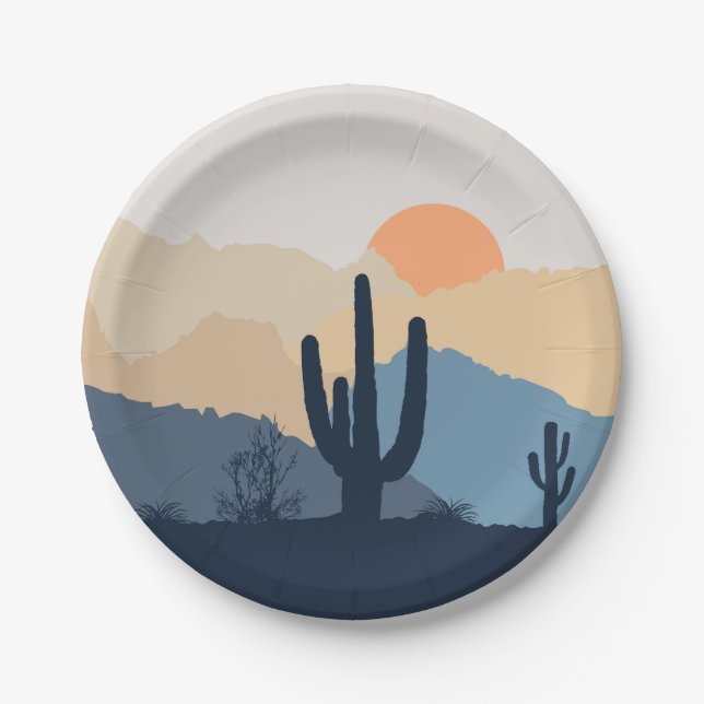 Blue and beige desert sunrise paper plate (Front)