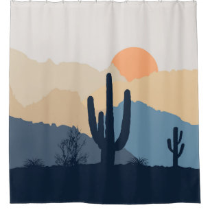 Blue and beige desert sunrise shower curtain