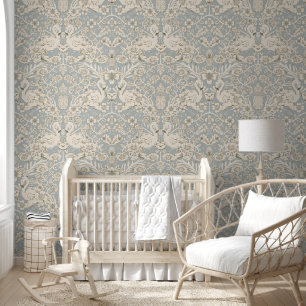 Blue and Beige Flamingo Floral Damask Wallpaper