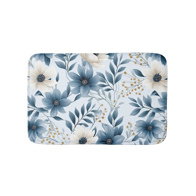 Blue and Beige Flowers Bath Mat (Front)