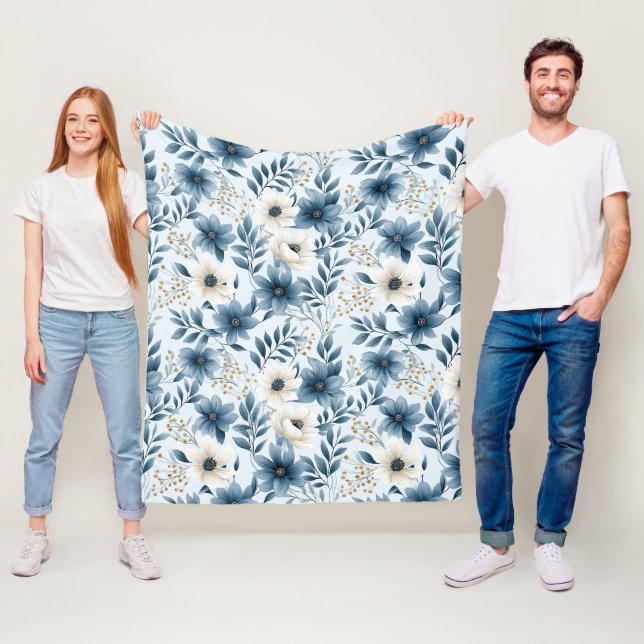 Blue and Beige Flowers Fleece Blanket (In Situ)