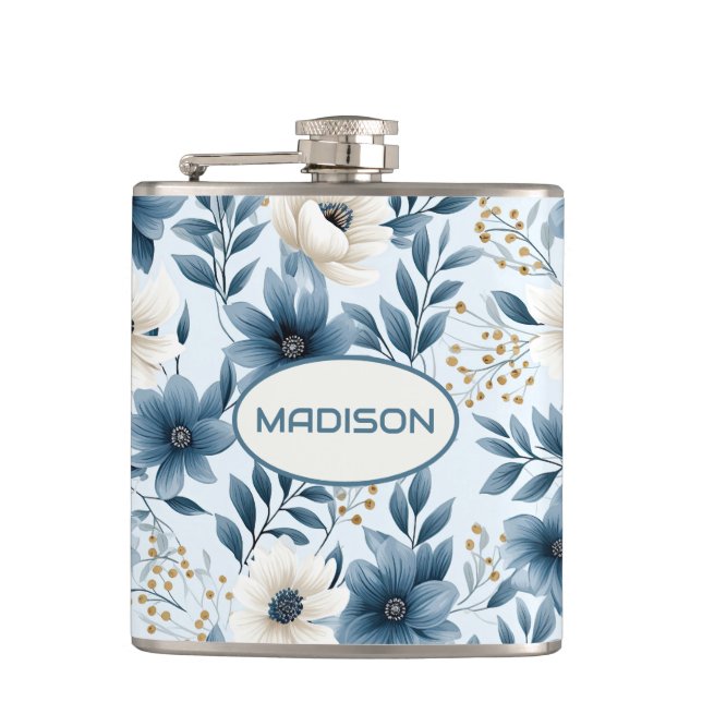 Blue and Beige Flowers Hip Flask (Front)