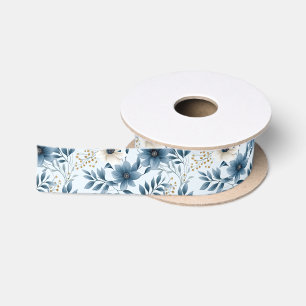 Blue and Beige Flowers Satin Ribbon