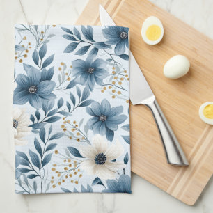 Blue and Beige Flowers Tea Towel