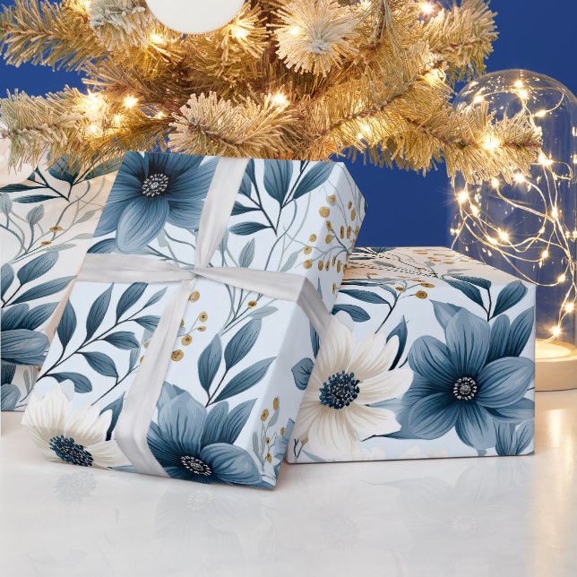 Blue and Beige Flowers Wrapping Paper (Holidays)