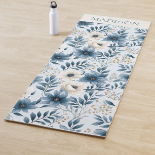 Blue and Beige Flowers Yoga Mat
