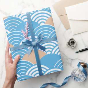 Blue and Beige Japanese Wave Pattern  Wrapping Paper