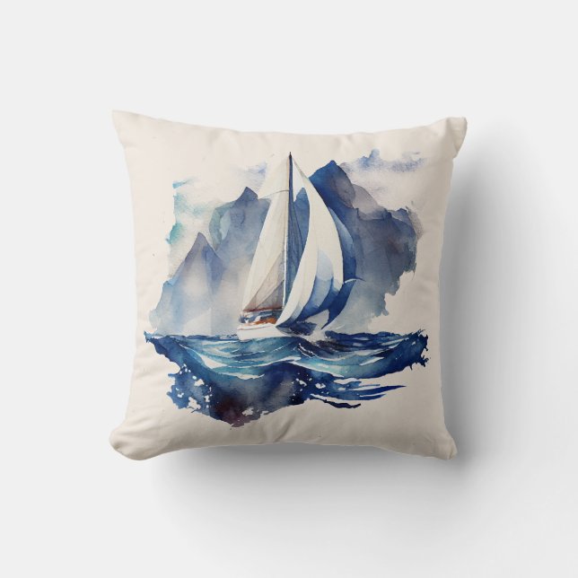 Blue and Beige Sailboat Throw Pillow (Front)