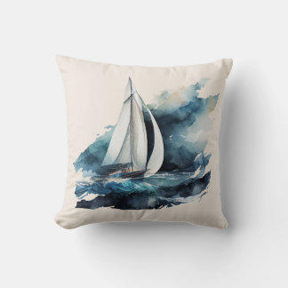Blue and Beige Sailboat Throw Pillow