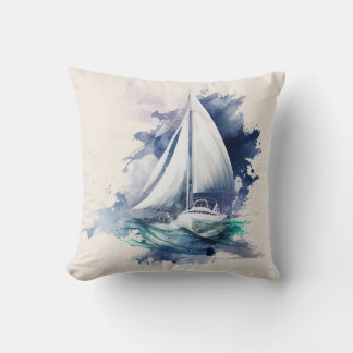 Blue and Beige Sailboat Throw Pillow
