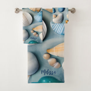 Blue and Beige Seashells On Blue Sand Bath Towel Set