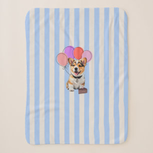Blue And Beige Striped Corgi Birthday Party Sherpa Blanket