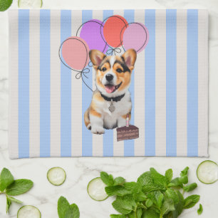 Blue And Beige Striped Corgi Birthday Party Tea Towel