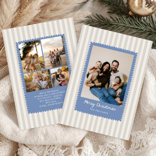 Blue and Beige Striped Merry Christmas Photo Card