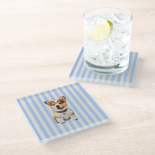 Blue And Beige Striped Playful Corgi Dog Lovers  Glass Coaster