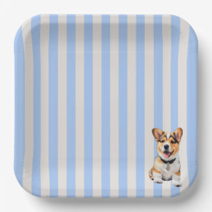 Blue And Beige Striped Playful Corgi Dog Lovers  Paper Plate