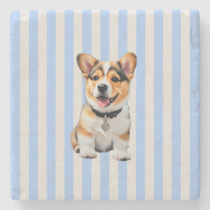 Blue And Beige Striped Playful Corgi Dog Lovers Stone Coaster