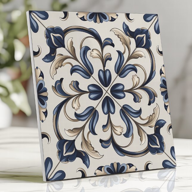 Blue and Beige Vintage Floral Scroll  Tile (Creator Uploaded)