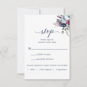 Blue and Berry Floral w/without Meal Options RSVP Card