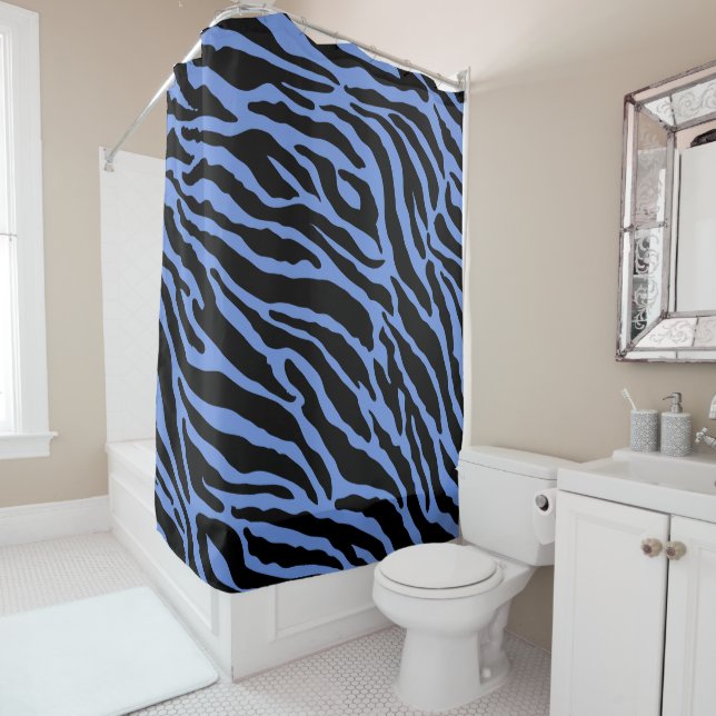 Blue and Black Animal Print Stripes Shower Curtain (In Situ)