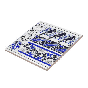 blue and black Birds fish Butterfly art pattern Tile
