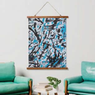 Blue and Black Brush marks Abstract Hanging Tapestry