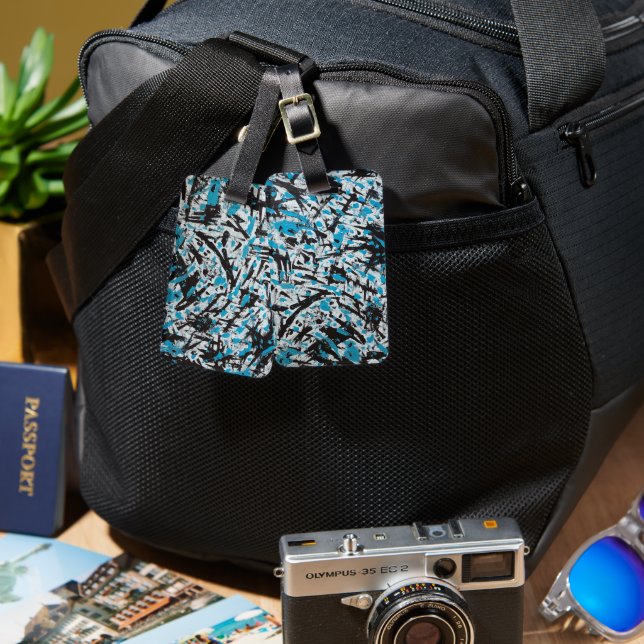 Blue and Black Brush marks Abstract Luggage Tag (Front & Back)