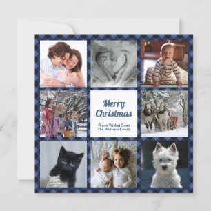 Blue and Black Buffalo Check Eight Custom Photos Holiday Card