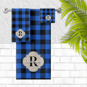 Blue and Black Buffalo Check Rustic Farmhouse Bath Towel Set