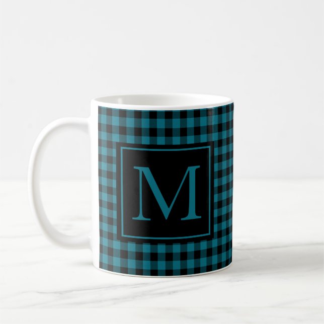Blue And Black Buffalo Plaid Monogrammed Coffee Mug (Left)
