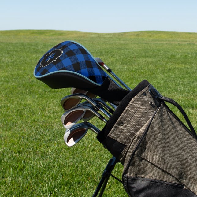 Blue and Black Buffalo Plaid Name Monogram Golf Head Cover (In Situ)