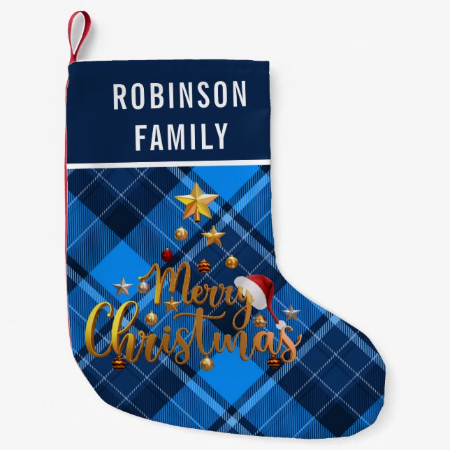 Blue and Black Buffalo Plaid Personalised Name  Small Christmas Stocking (Front)