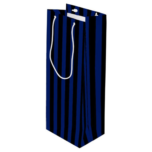 Blue and black candy stripes wine gift bag (Front Angled)