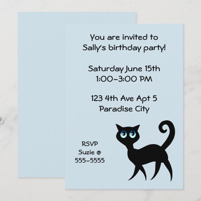 Blue and Black Cat Birthday Party Invitation (Front/Back)