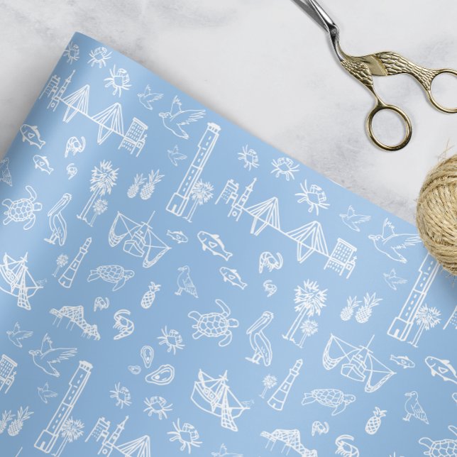Blue and Black Charleston Toile Wrapping Paper Sheet (Charleston Toile Gift Wrap)
