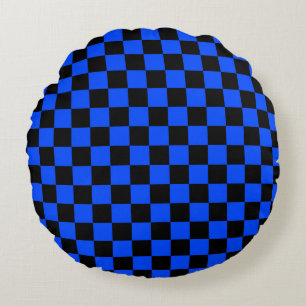 Blue and black checkerboard pattern round cushion