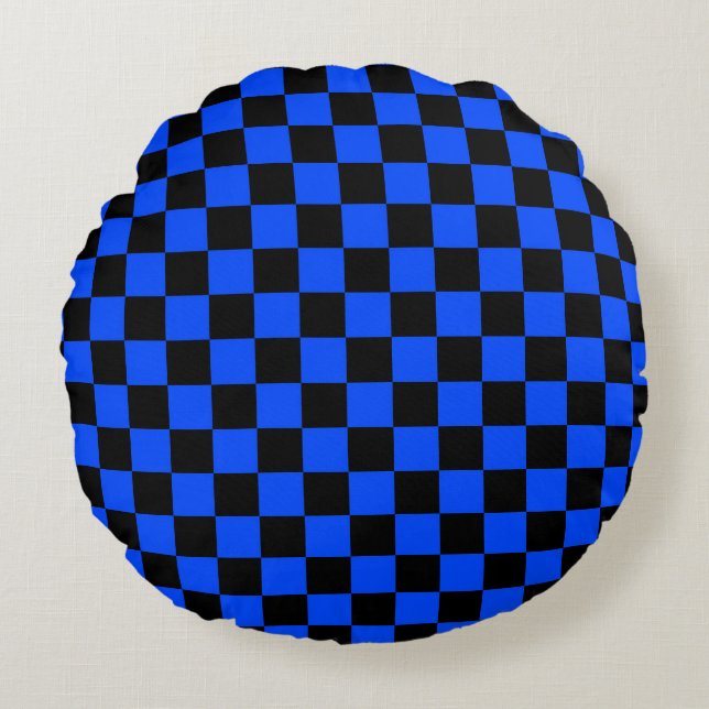 Blue and black checkerboard pattern round cushion (Front)