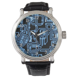Blue and Black Computer Circuits Wrist Watch