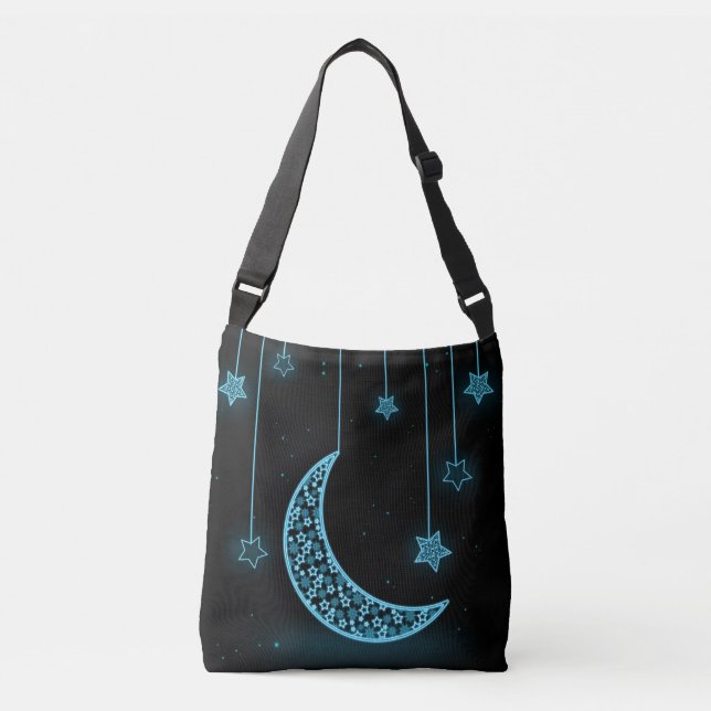 Blue and Black Crescent Moon and Stars Crossbody Bag (Front)
