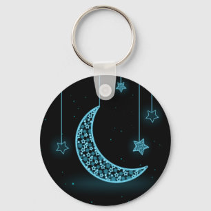 Blue and Black Crescent Moon and Stars Key Ring