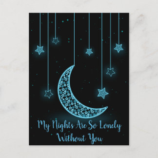 Blue and Black Crescent Moon and Stars So Lonely Postcard