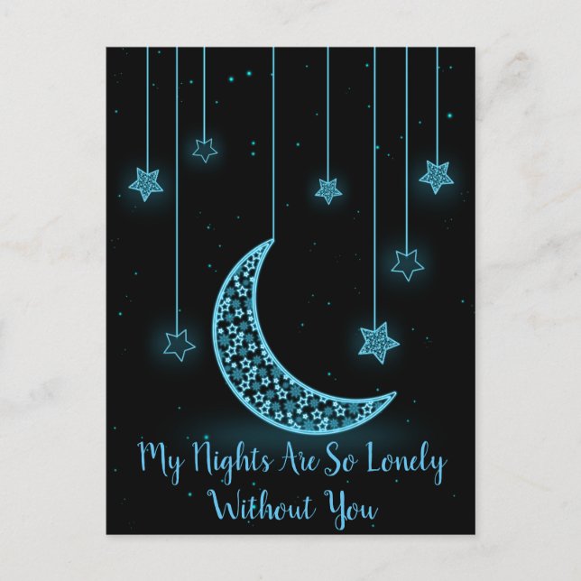 Blue and Black Crescent Moon and Stars So Lonely Postcard (Front)