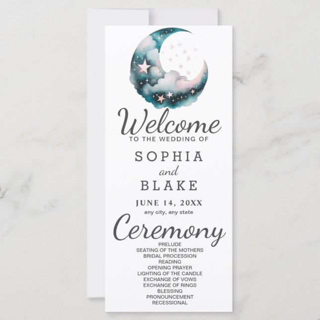 Blue and Black Crescent Moon Wedding Program (Front)