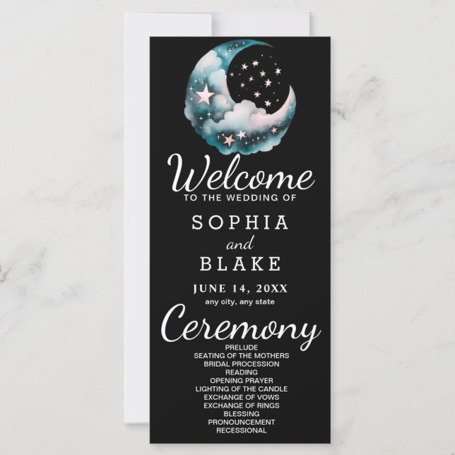 Blue and Black Crescent Moon Wedding Program (Front)